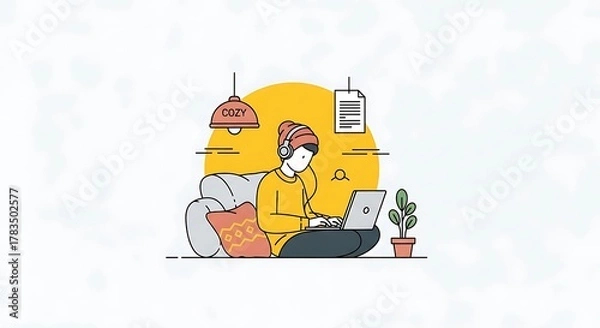 Fototapeta Illustration of a person working on a laptop while relaxing on a couch with headphones on, symbolizing remote work and comfortable productivity