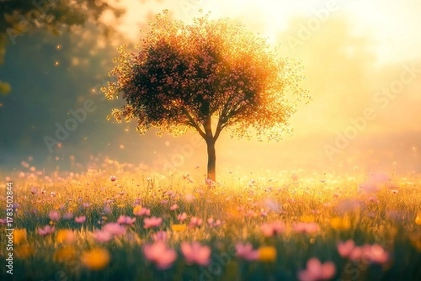 Obraz A solitary tree stands tall in a vibrant meadow bathed in golden sunlight, creating a serene and peaceful scene.