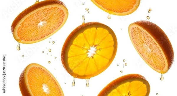 Fototapeta Vibrant and Refreshing Orange Slices with Sparkling Water Droplets Against a Clean White Background, Highlighting Freshness and Natural Zest