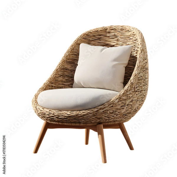 Fototapeta Minimalist rattan or wooden outdoor lounge chair with soft cushions, centered composition, high-detail isolated render.