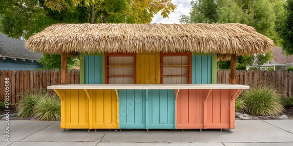 Fototapeta Front-facing image of a vibrant wooden outdoor bar featuring sturdy 4x4 beams and a tropical thatched roof.