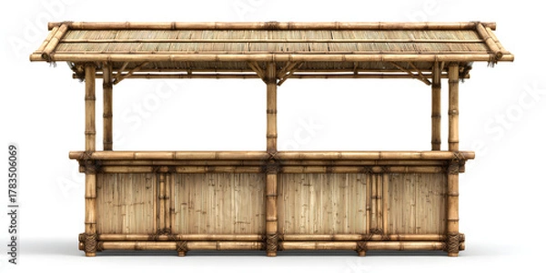 Obraz Bamboo tiki bar with roof, photographed from the front, hyper-realistic, professional lighting, white background.