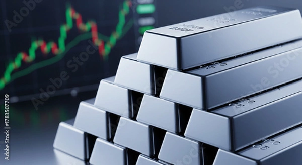 Fototapeta Gleaming silver bars stacked against a dynamic stock market chart symbolizing robust investment growth and financial prosperity