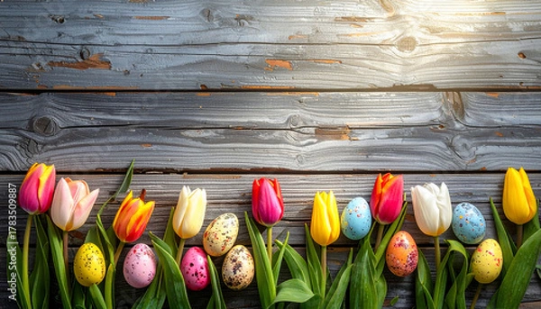 Obraz Easter Tulips and Eggs on Wood