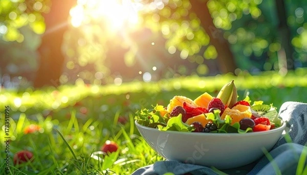 Fototapeta Fresh Fruit Salad in White Bowl with Sunlit Green Background and Bokeh Effect