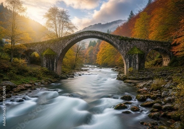 Fototapeta Historic Stone Bridge Over Rushing River