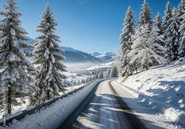 Fototapeta Snow-Covered Winding Road in Winter Forest