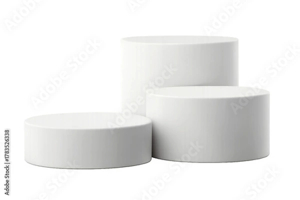 Fototapeta cosmetic container isolated on white - Minimalist white cylindrical podiums—3D tiered display platforms for product presentation, awards, and visual merchandising on transparent background