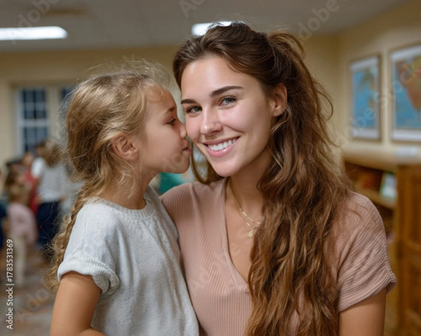 Obraz Smiling woman caregiver gently comforts child preschooler. happy girl whispers, showing trust and affection during warm indoor interaction