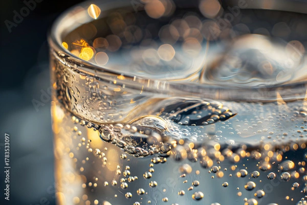 Fototapeta Close-Up of Effervescent Qinine-Infused Tonic Water n Clear Glass Illuminated gainst Neutral Background
