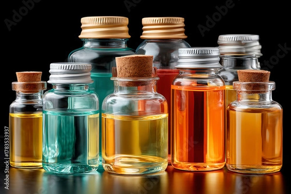 Obraz Small glass bottles filled with colorful liquid potions, some sealed with corks and others with metal caps, arranged on black surface