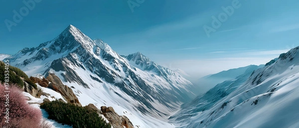 Obraz Snow covered mountain landscape with clear blue sky and rocky foreground, creating peaceful and majestic winter scene