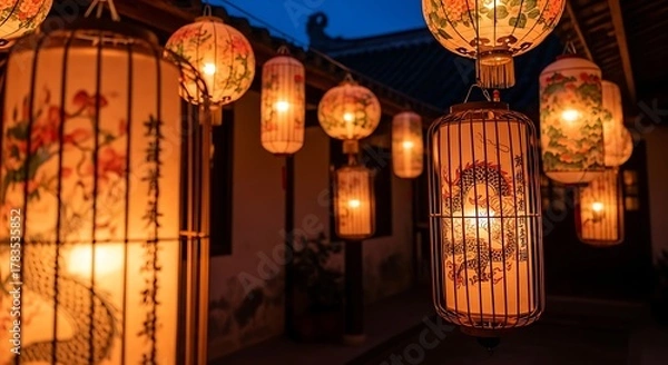 Fototapeta Illuminated Chinese Lanterns Displaying Intricate Designs at Night.