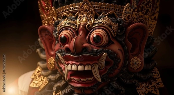 Fototapeta Intricate Balinese Mask Depicting a Mythical Creature with Fierce Expression.