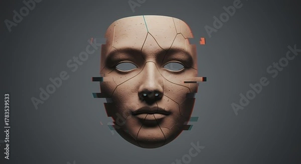 Obraz A digitally created fragmented human face with cracks, set against a dark gradient background