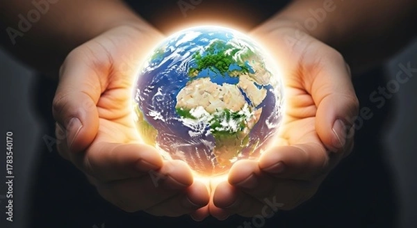 Obraz Glowing Earth Globe Held in Hands Representing Environmental Conservation and Sustainability