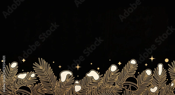 Obraz Gold pine branch border with snow and stars on black background for holiday design