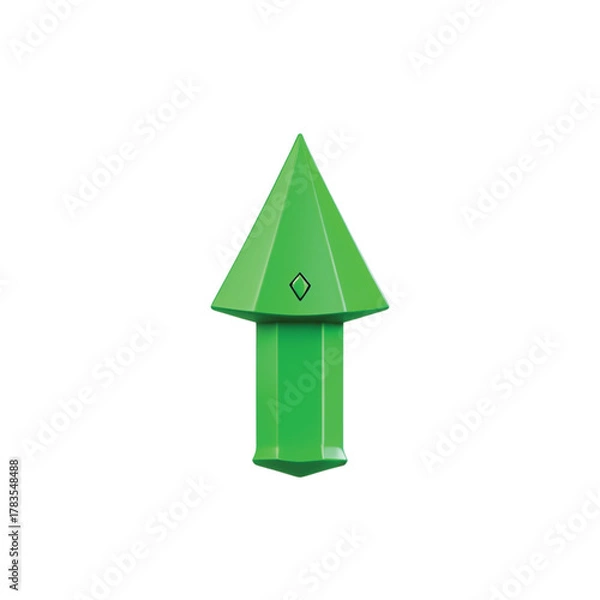 Fototapeta A vibrant green arrow-shaped object with a diamond symbol, pointing upwards, isolated on white.