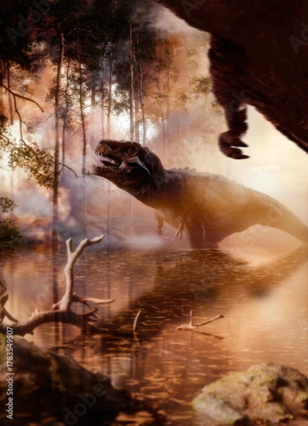 Fototapeta Jurrasic scene - Trex dinosaur and forest fire, 3D illustration. made in Blender