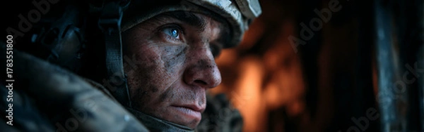 Obraz A soldier's intense and vigilant gaze, his face marked by the rigors of combat and strategic awareness, enduring the harsh realities of conflict and demanding operational conditions