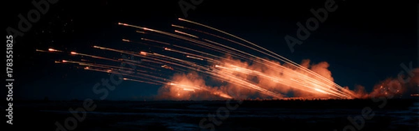 Obraz A strategic nighttime military assault showing a barrage of fiery projectiles and explosions illuminating the battlefield during a tactical combat operation