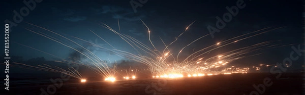 Obraz Nighttime Drone Missile Launch with Tracer Trails A Dramatic Military Display