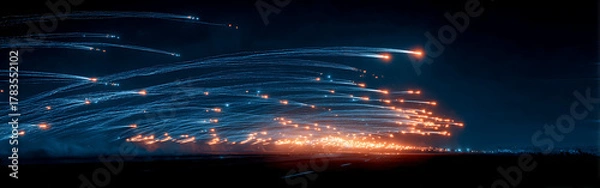 Obraz Stunning night drone footage captures a massive salvo of missile launches, their glowing trails streaking across the dark expanse