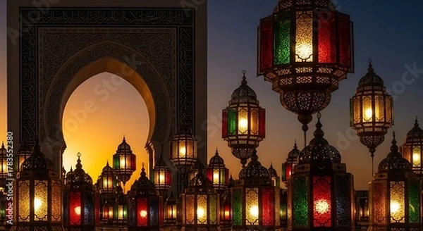 Fototapeta Ramadan lanterns glowing against a sunset sky and archway.