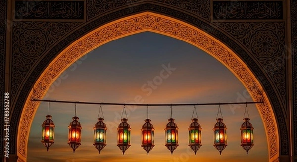 Fototapeta Ramadan lanterns illuminate an archway at sunset, creating a festive atmosphere.