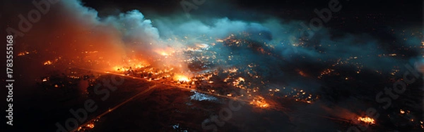 Obraz Nighttime aerial view of a widespread conflagration, vibrant orange flames illuminating a dark landscape, creating a chaotic scene of destruction, smoke, and blue light