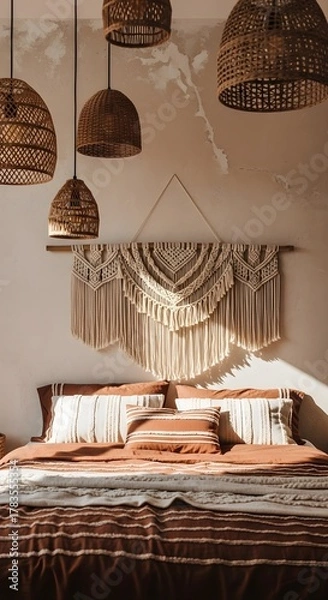 Fototapeta Cozy Boho Bedroom with Macrame Wall Hanging and Rattan Pendant Lights, Natural Textures and Warm Earth Tones