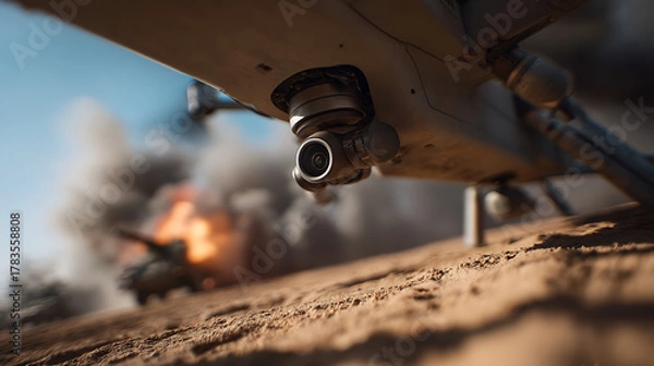 Obraz Underbelly View Drone Camera Inspecting Battle Zone Aftermath, Tank Engulfed in Flames