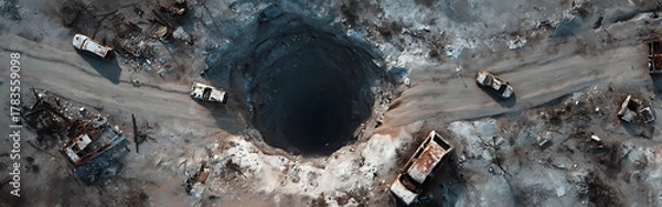 Obraz Aerial drone view of a vast explosion crater in a desolate, snow-covered landscape, surrounded by wrecked and abandoned vehicles