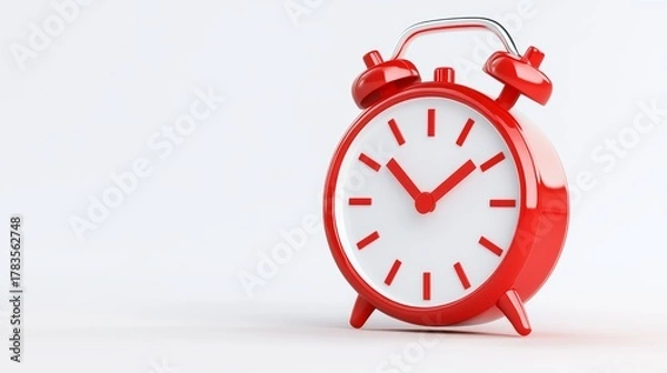 Obraz Red alarm clock on white background with copy space