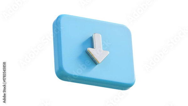 Fototapeta A 3d render of a blue button with a white down arrow icon, isolated on transparent background
