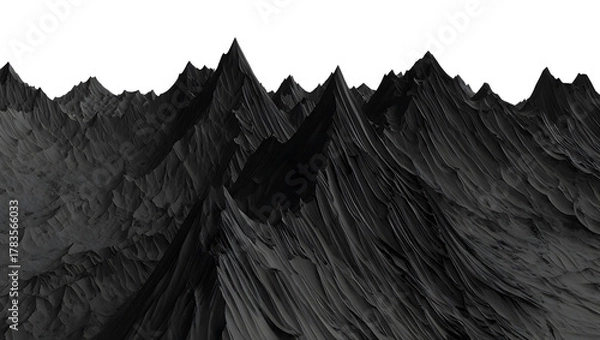 Fototapeta A dramatic, dark, and textured 3d landscape of sharp, jagged mountain peaks under a white sky isolated on transparent background