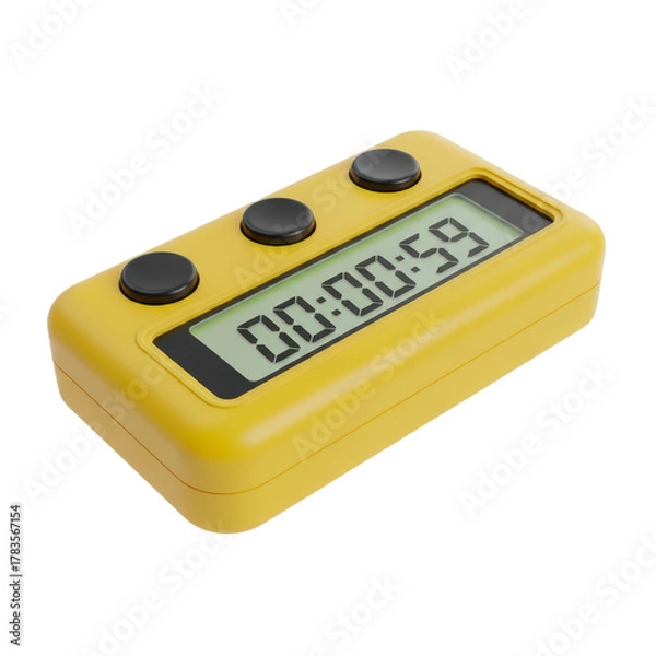 Obraz Digital_Timer_Yellow_Plastic_Stopwatch_Countdown_Isolated_Object_Realistic_Render_LCD_Display_Studio_Lighting