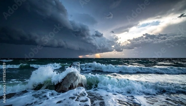 Fototapeta Stormy ocean scene with waves crashing against a rocky shore, under a dramatic cloudy sky with patches of sunlight