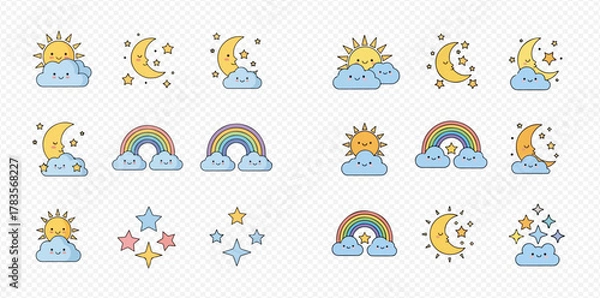 Fototapeta Cute cartoon weather and celestial icons featuring sun, moon, stars, clouds, and rainbows with smiling faces, isolated on a transparent background.
