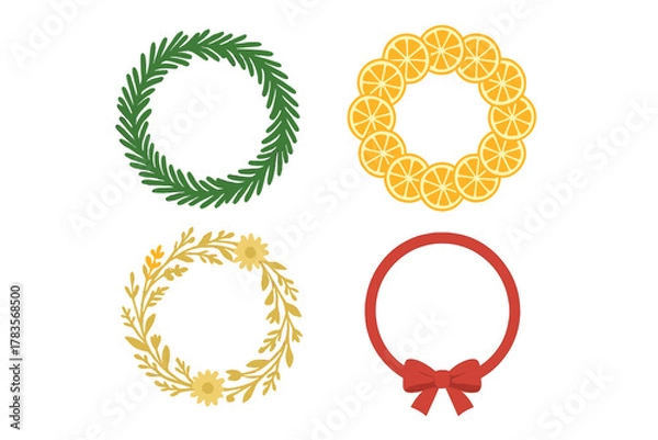 Fototapeta Decorative circular frames and wreaths set with seasonal pine, orange, and ribbon elements