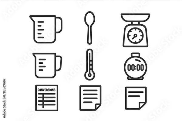 Fototapeta Essential kitchen measurement tools including scale, timer, thermometer, and measuring cups