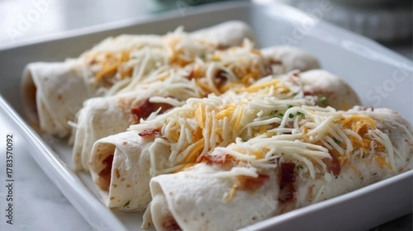 Obraz Unbaked Burritos with Shredded Cheese and Bacon in White Baking Dish