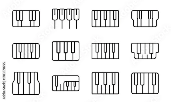 Fototapeta Education and School Line Icons Set – Stars, Tree, Eraser, Exam Paper, Classroom, Uniform, Microphone, Piano, Glasses, Rocket, Solar System, and Study Desk Outline Symbols