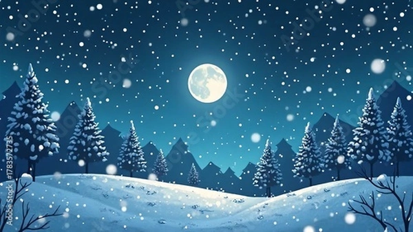 Fototapeta 雪降る月夜の森｜Snowfall in Moonlit Forest
