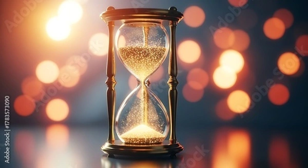 Fototapeta Elegant Hourglass with Flowing Golden Sand and Bokeh Lights - Antique Timepiece for Time Management Deadline Concepts and Precious Moments - Beautiful Still Life