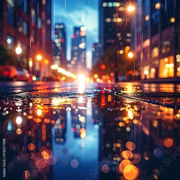 Fototapeta Street view in a city at dusk, with blurred lights reflecting on a wet road, tall buildings line the sides. Rain is falling, enhancing the blurry effect