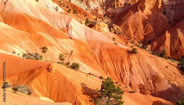 Fototapeta Striated red, orange, and white clay hills form a desert landscape dotted with small trees and brush