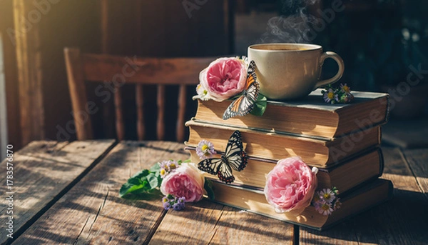 Obraz Cozy and tranquil morning scene with a steaming cup of coffee or tea, a stack of vintage books, pink roses, and butterflies on a rustic wooden table in the warm sunlight