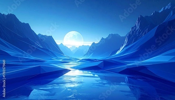 Fototapeta Striking crystalline blue mountains and a bright moon reflecting in a tranquil river under a dark blue sky