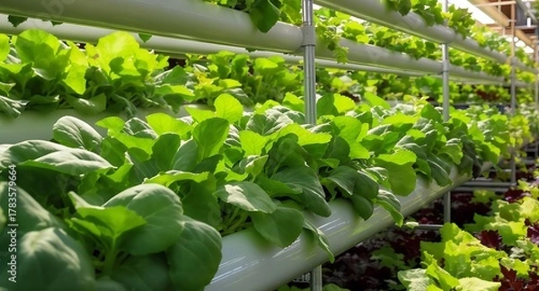 Fototapeta Hydroponic Farm - Rows of Lush Green Plants Cultivated in a Controlled Environment.